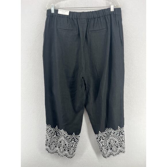 CHICOS Pants 2.5 14 Linen Crop Straight Leg Eyelet Hem Elastic Waist Black NEW - Picture 3 of 16